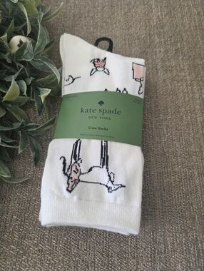 kate spade White Crew Socks with Pink & Black Dog Motif, 3 Pairs